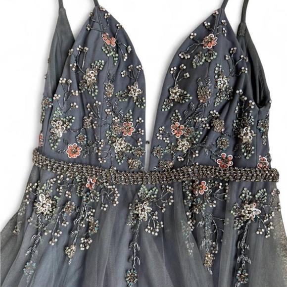 Jovani Gray Evening Dress with Subtle Sheen - Picture 2 of 6